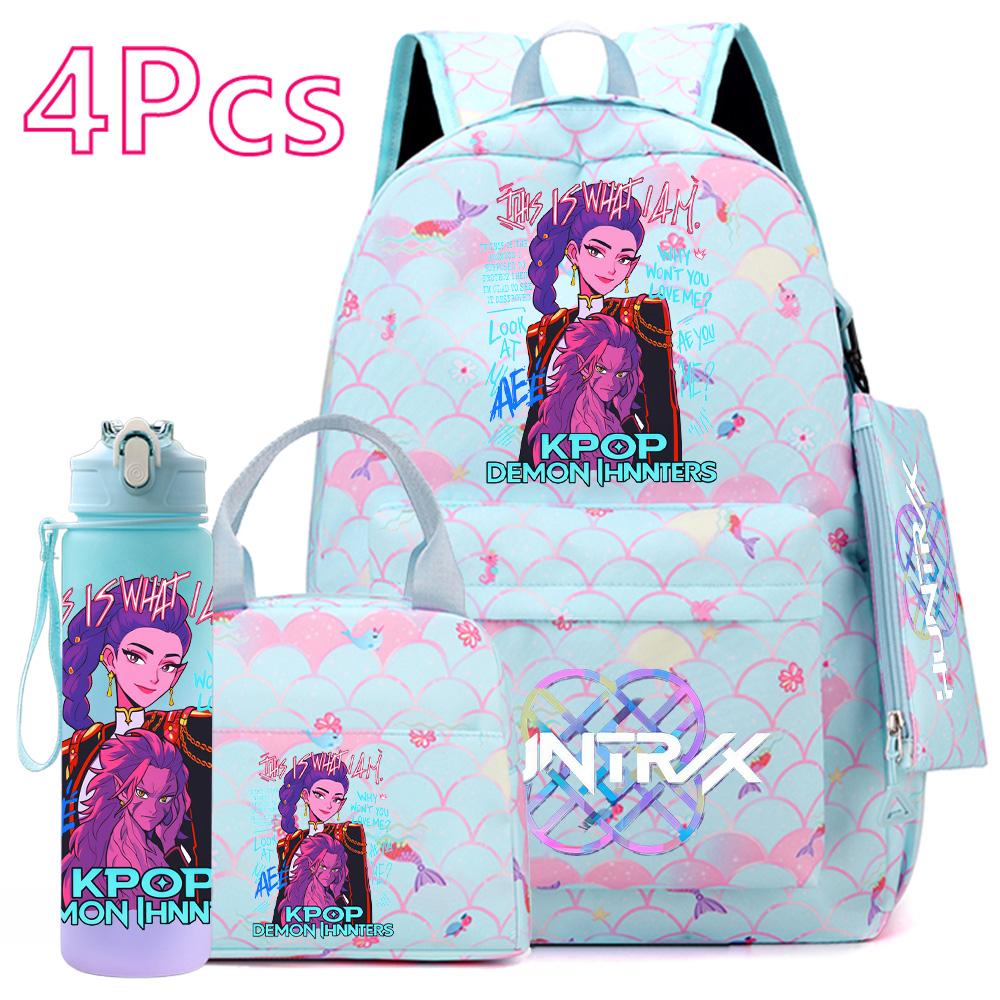 4Pcs/set Anime Cute K-POP Printed Backpack Large Capacity Bookbag HandBag Case Bag with 750ml Water Bottler Boy Girl SchoolBag Waterproof Mochila