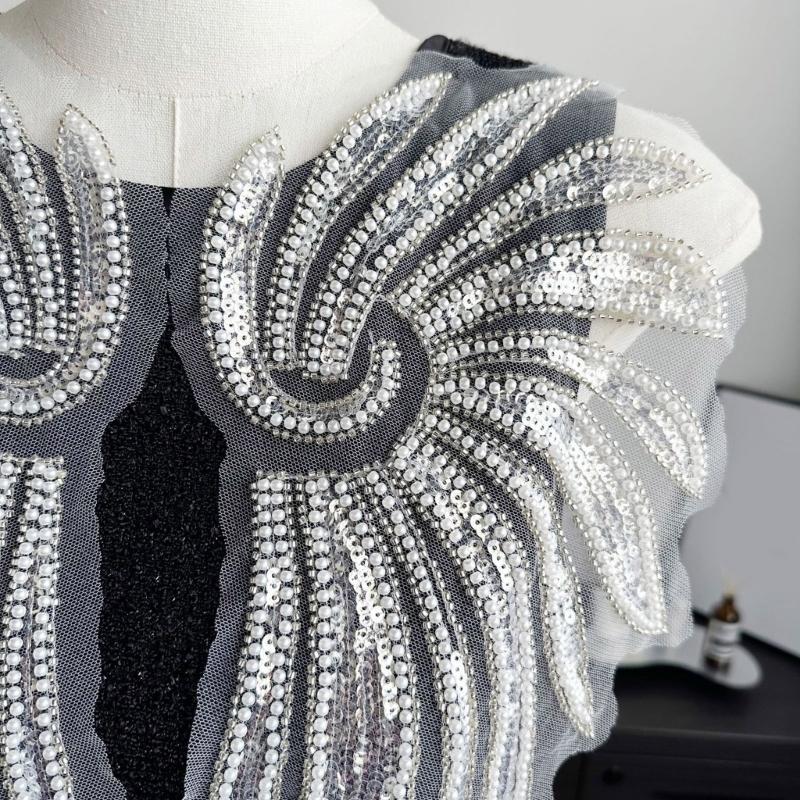 Pearlescent Applique Embroidered Wing Accessory Hand Sewn Sequins And Beads For Wedding Party Attire