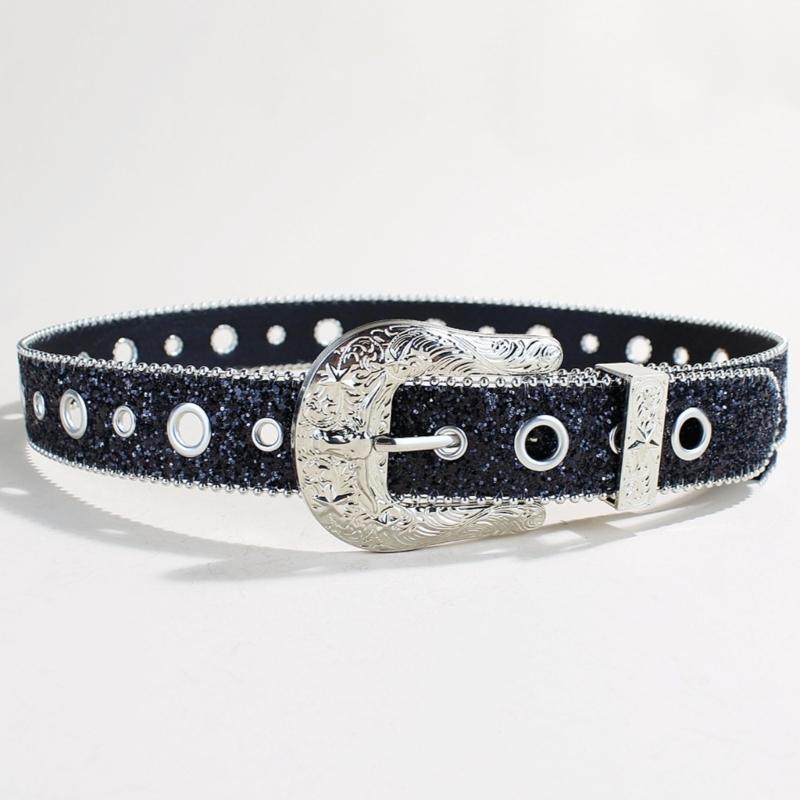 Shimmering Sequined Belt Girl Engraved Buckle Belt 2000s Waistband Punk Waistbelt Bead Trim Belt Aesthetic Waist Accessory