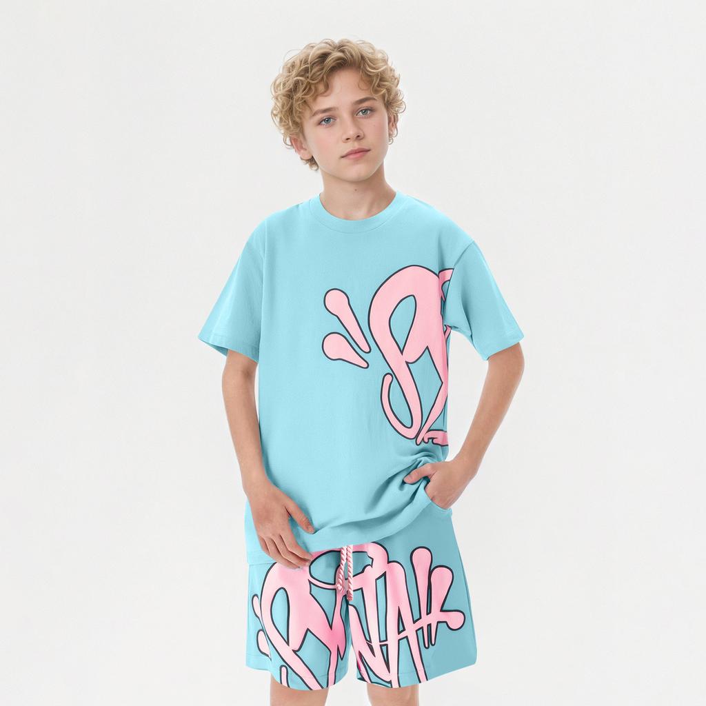 Kids Summer Short Sleeve T Shirt and Shorts Set Lightweight Breathable Casual Sportswear with Elastic Waistband and Printed Design for Boys Girls