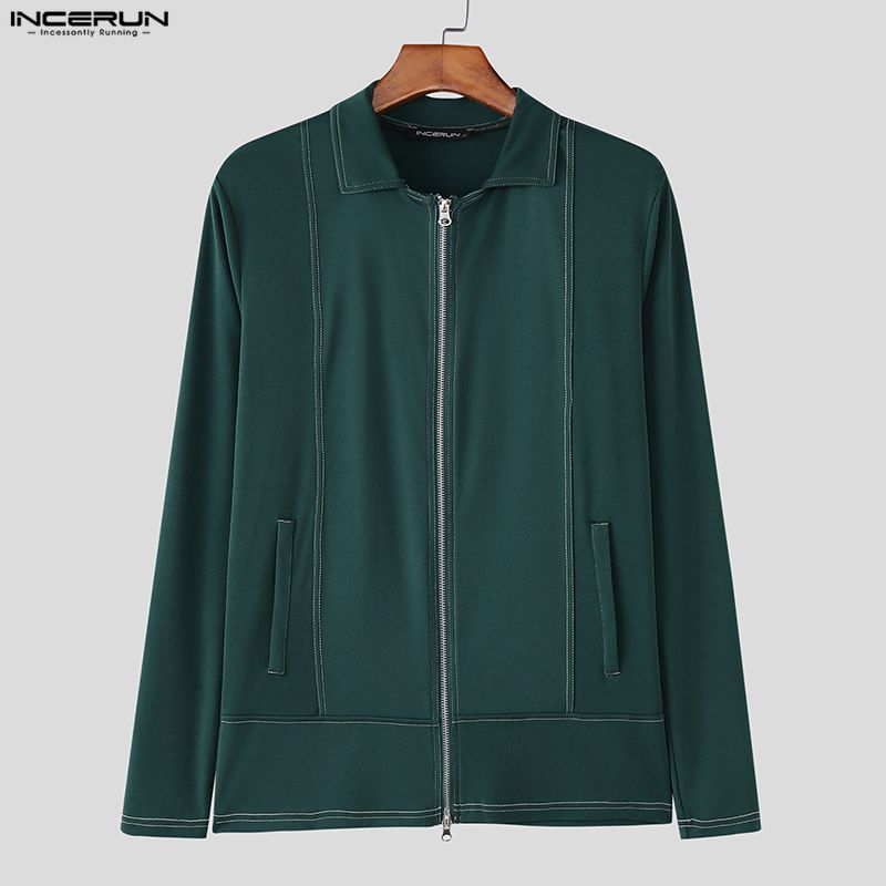 INCERUN Męskie Top T-shirty Casual z Kołnierzem Lapel, Długim Rękawem, Zamkiem Błyskawicznym i Rozcięciami, Dopasowane
