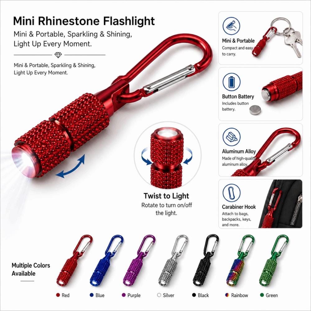 Button Battery Diamond-encrusted Mini Flashlight Carabiner Clip Mini Torches