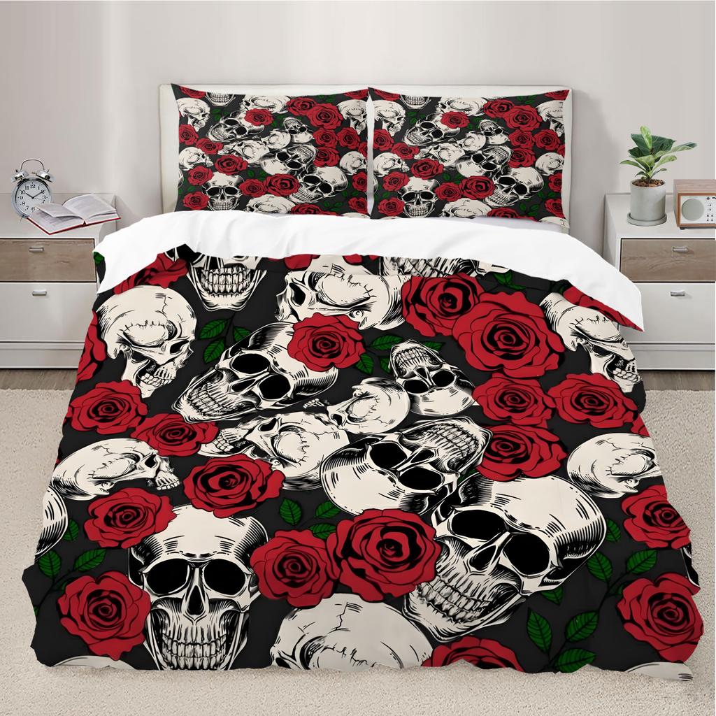 Skull And Rose Print Duvet Cover Set, No Filler, Soft and Comfortable Bedding Suitable for Bedroom and Hotel Decoration