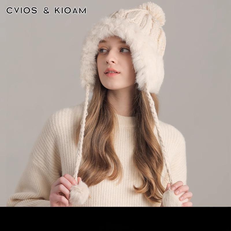 New Korean Winter Pullover Hat for Women Plus Velvet Thick Plush Knitted Outdoor Warm Wool Ball Ear Protection Hat