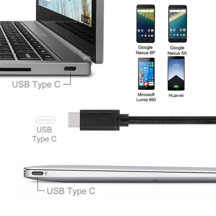 Lot de 3 Câbles USB Type C, 1M - Nylon Noir