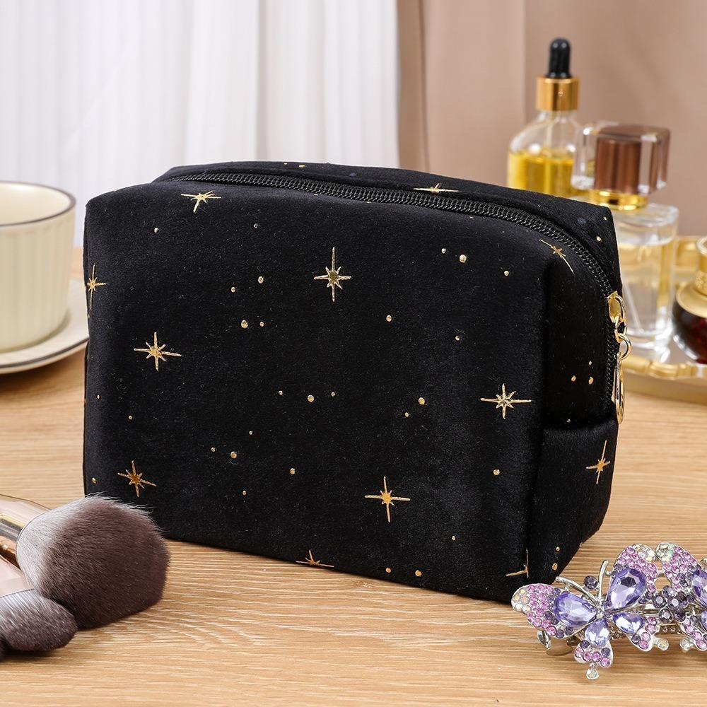 

New Fashion Portable Cosmetic Bag Hot stamping star pattern with Zipper Make Up Storage Bag Soft Velvet Women Toiletry Bag чорний