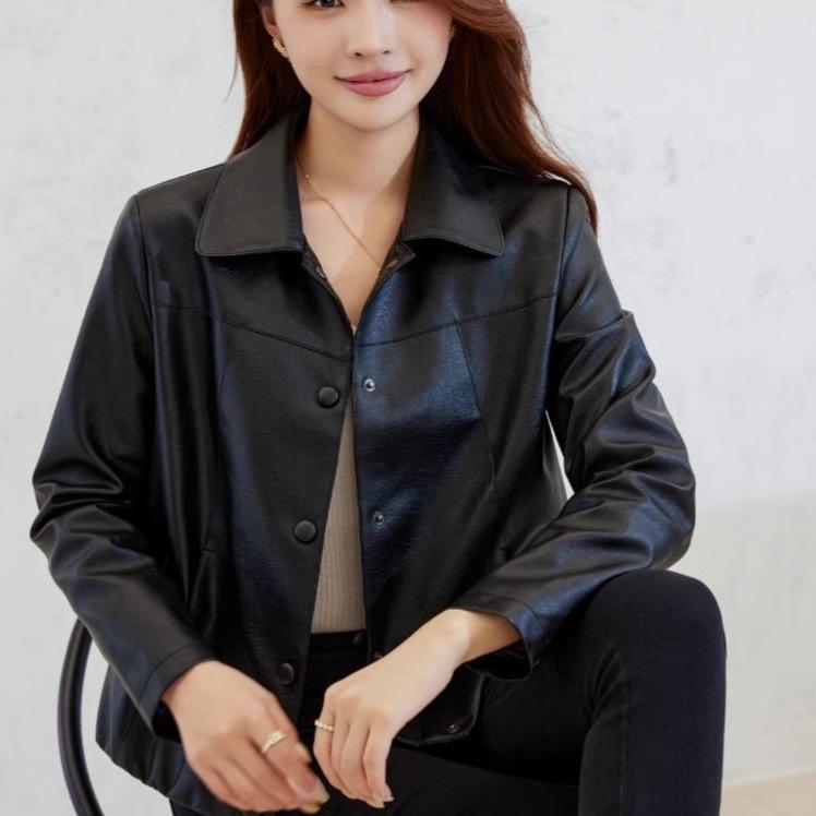 Women Autumn Winter Casual Short PU Leather Jackets Black Square Collar Leather Jacke Temperament Biker Top