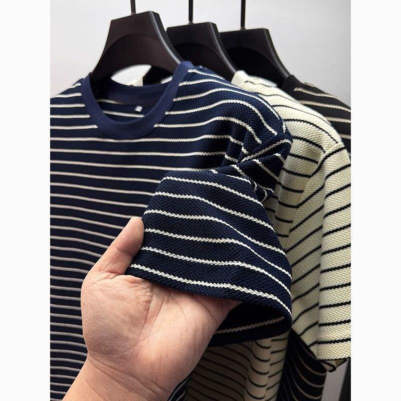 Classic Striped Short Sleeve T-Shirt Men's Crew Neck Summer Polo Shirt Half Sleeve T-Shirt Top Trendy Round Neck Fine Horizontal Stripe T-shirt