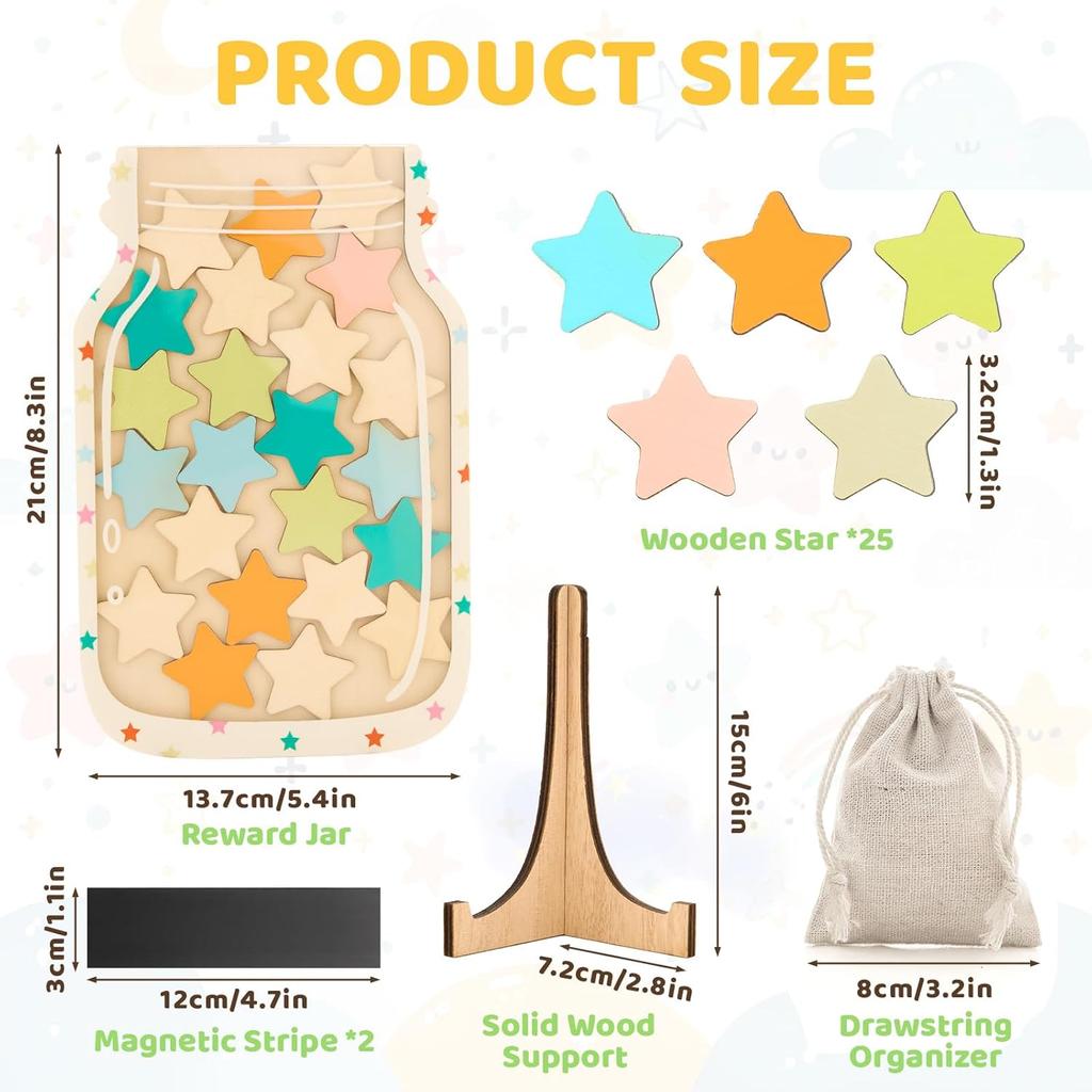 Magnetic Star Jar Reward System for Kids - Classroom & Home Behavior Chart with Stars - Wooden Motivational Jar for Potty Training, Chores,