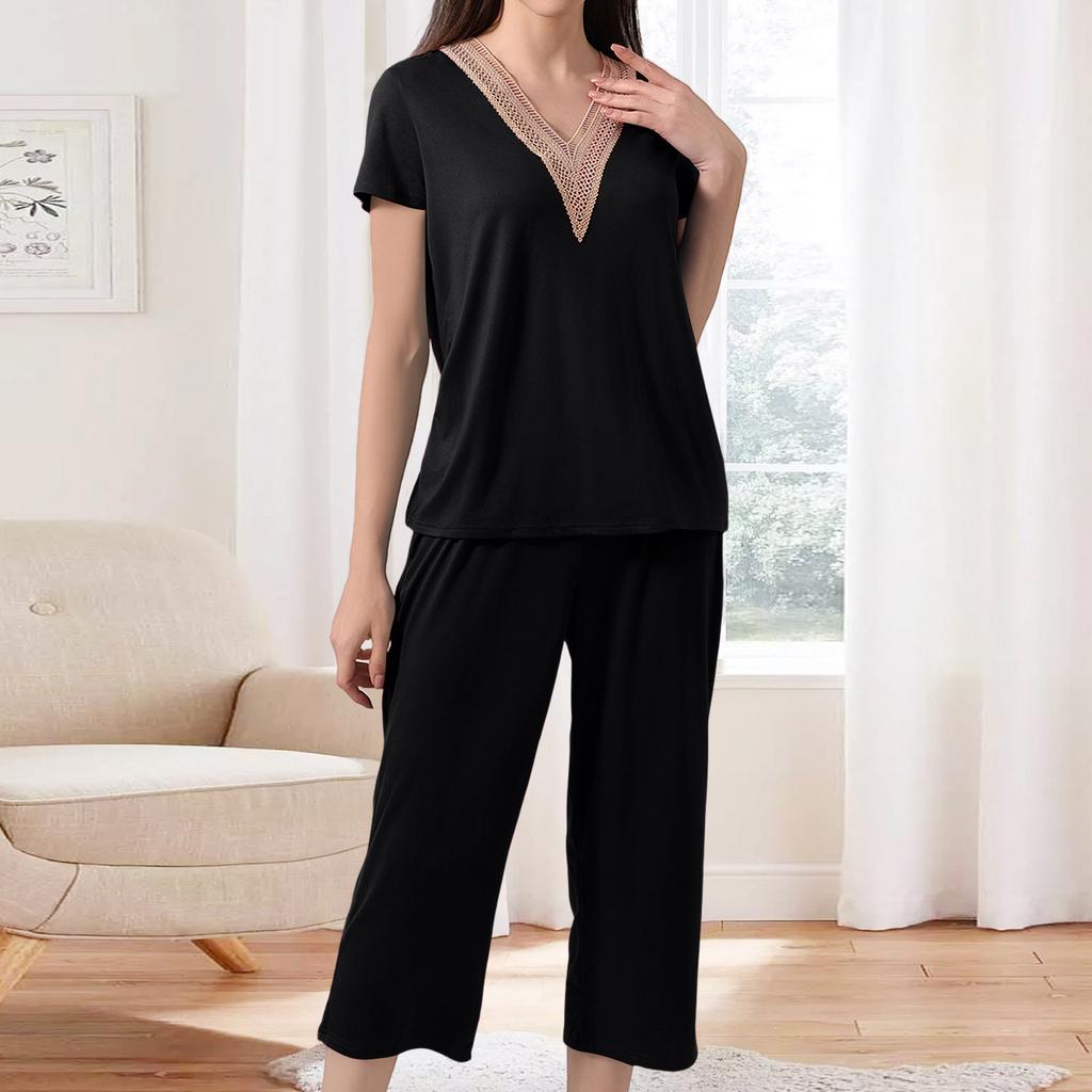 Women's Fashionable V-neck Casual Short-sleeved Loungewear Lace Pajamas Loose, Comfortable, Breathable Plus Size Color Top