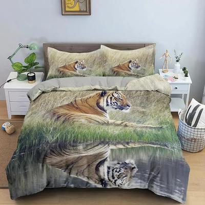 Tiger Påslakanset King Size Vildt Tema Sängkläder Djurmönster Täcke Djurtema Solnedgång Polyester Quiltöverdrag