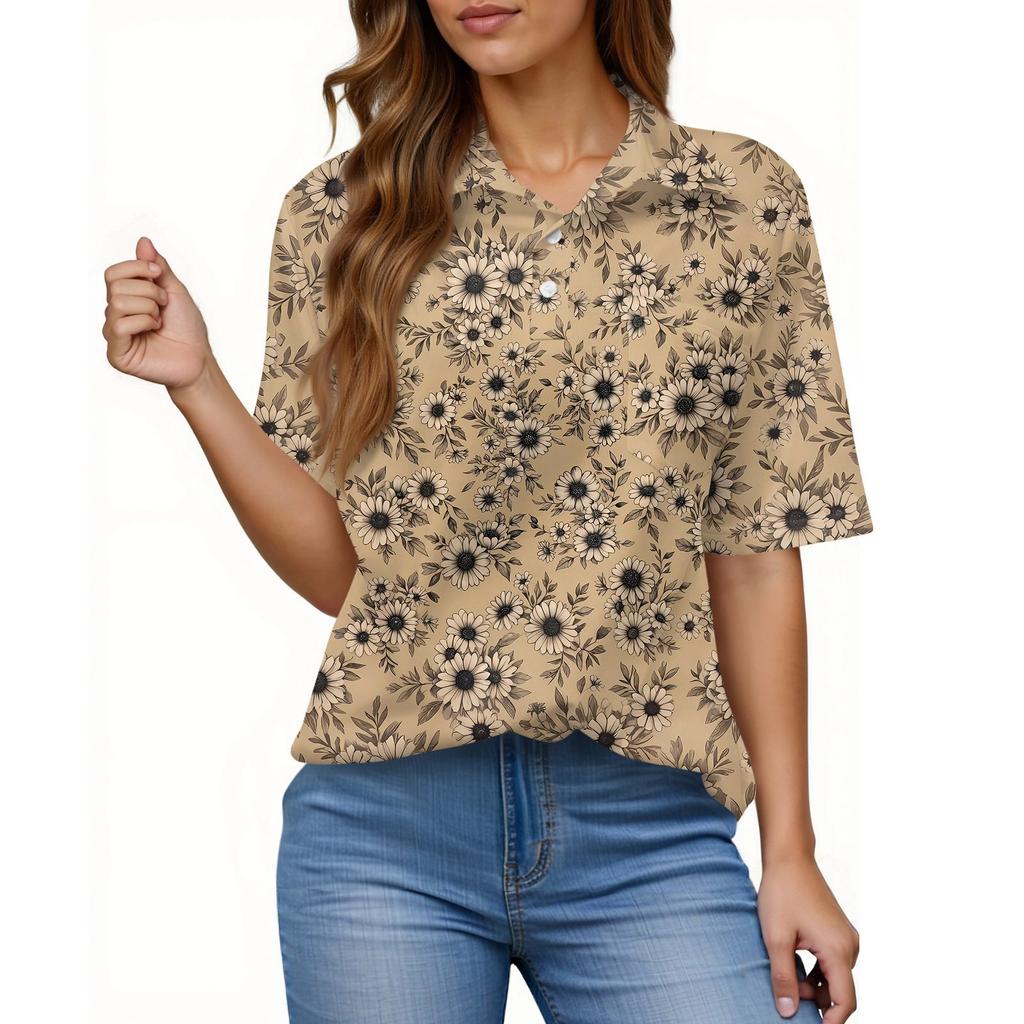 Women's Fashion Casual Button Pocket Shirt Short Sleeve Print Lapel Top