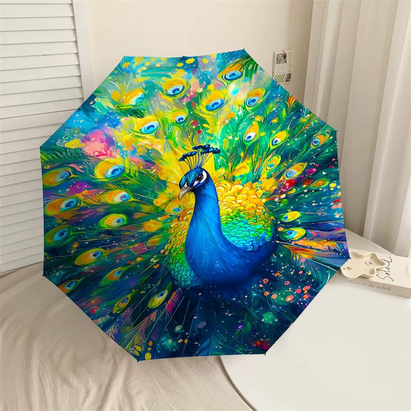 

1PC peacock colorful Automatic Open/Close Umbrella with Windproof, 8-Rib Sturdy Canopy, Durable Ribs, Fashionable Design, Outdoor Accessory, Fun Prin,