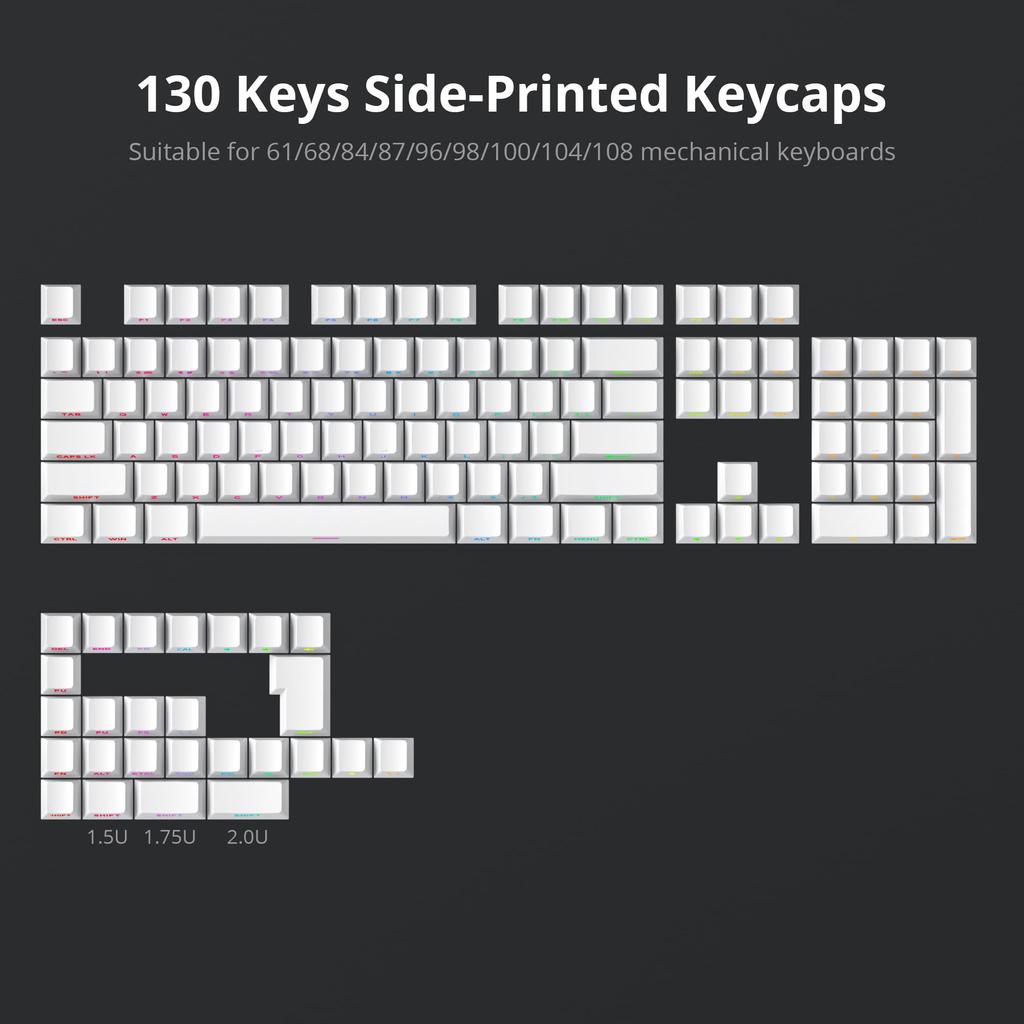 130 Key Side Print PBT White Keycaps 75 Cherry Profile Minimalist Style Custom Keyboard Keycaps for Mechanical Keyboards Percent, Shine-Through