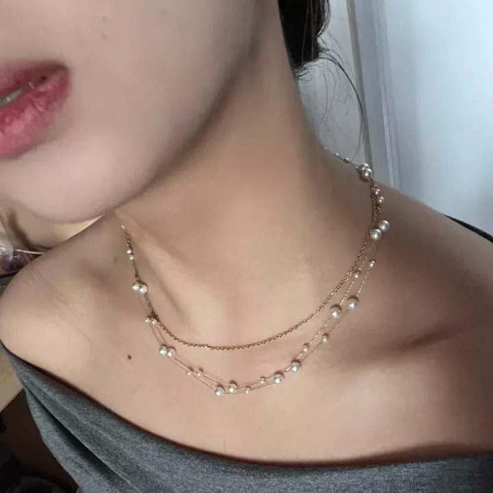 Titanium Steel Beaded Choker Necklace Exquisite Collarbone Chain Elegant Neck Pendant  Daily