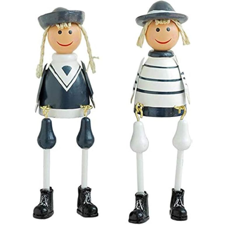 2pcs Wooden Long Leg Dolls Nautical Theme Doll Figurine Desktop Wooden Craft Ornament for Home Office Decor