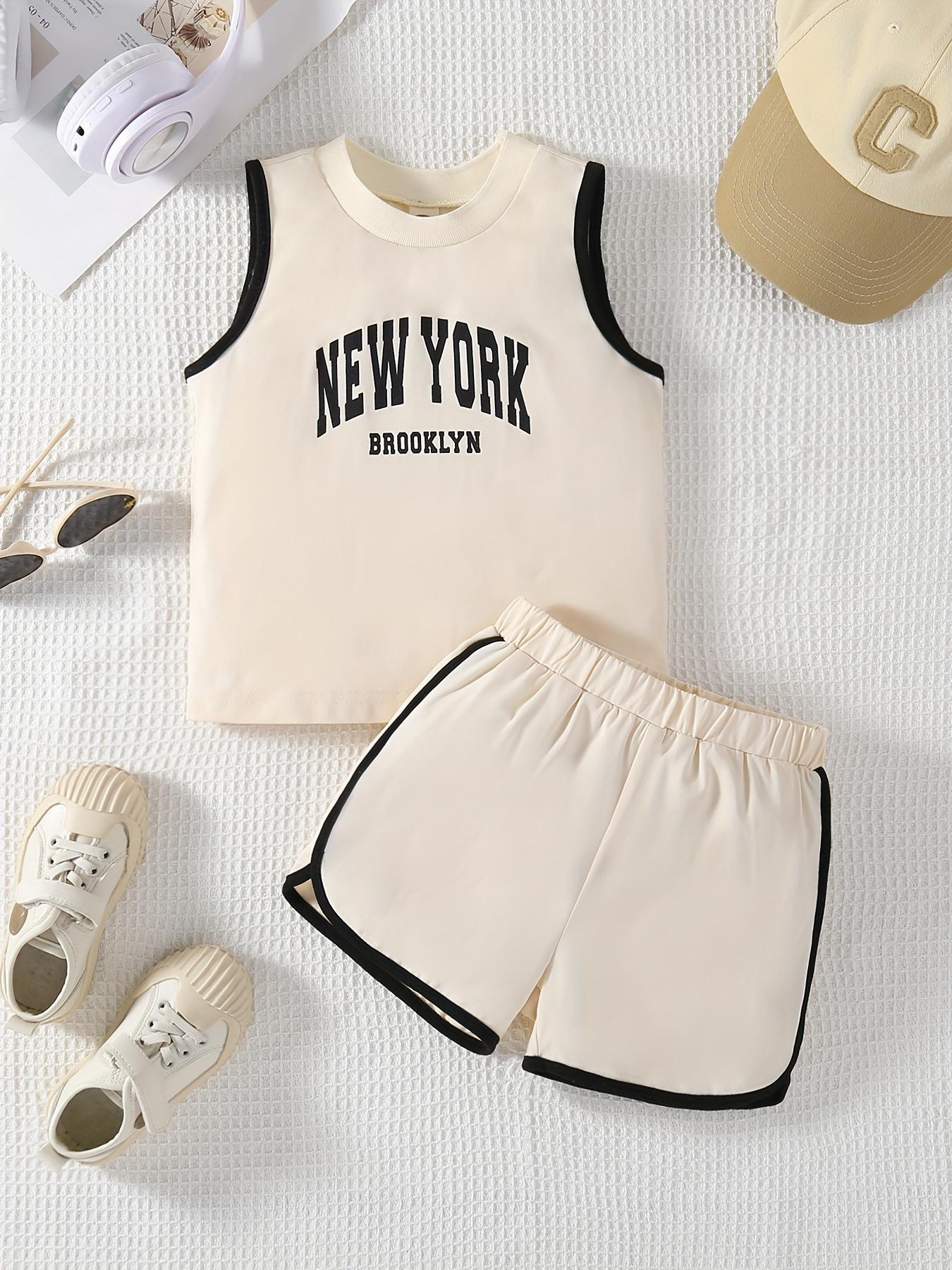 

Unisex Summer Casual Shorts Set, Loose Fit Knit Comfortable Breathable, Letter Print Contrast Binding, Ideal for Daily Outdoor Activities 4Y бежевый