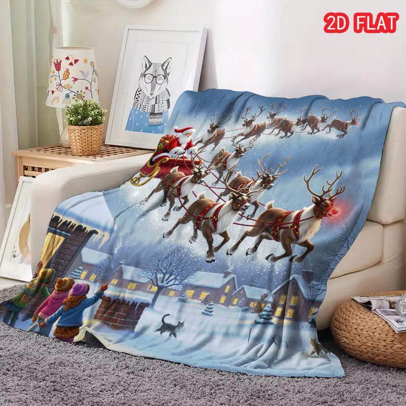 Santa Sleigh Reindeer Christmas Blanket, Santa & Rudolph Winter Snow Print Flannel Throw Blanket for Sofa Bedroom Holiday Decor