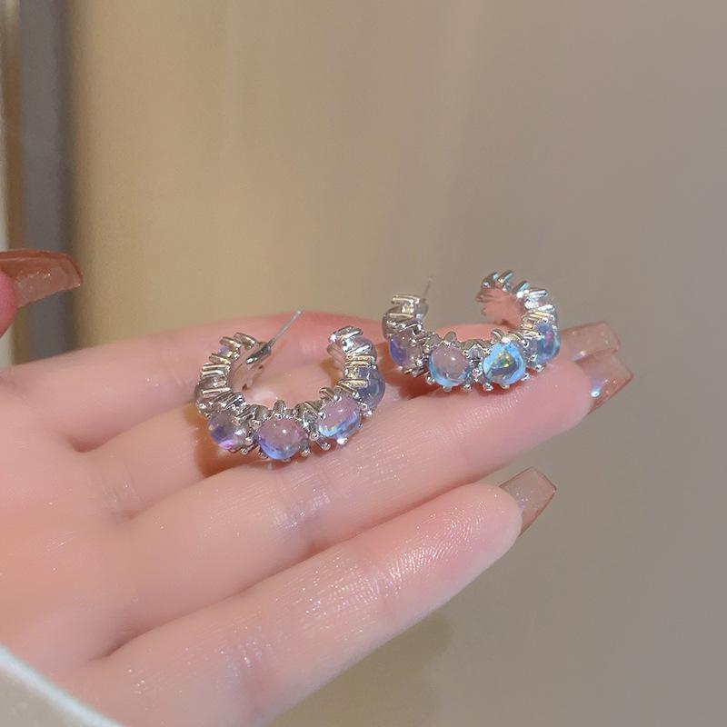 Korean Blue Moonstone C Shape Earrings Girls Aesthetic Zircon Drop Earrings Y2K Jewelry Gifts