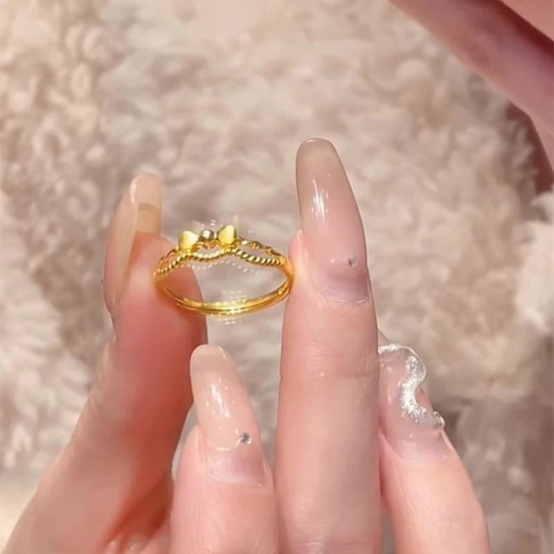 Sweetheart Princess Brushed Gold Bow Double Layer Ring - 2025 Retro Luxury