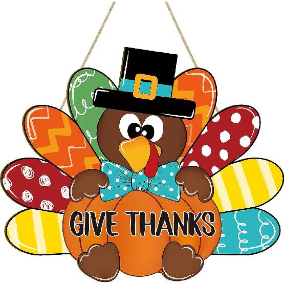 Thanksgiving Decoration Wooden Turkey Pumpkin Door Wreath for Front Door Sign Wall Signs, Thankful Blessed Grateful Pumpkin Sign Hanging for Fall