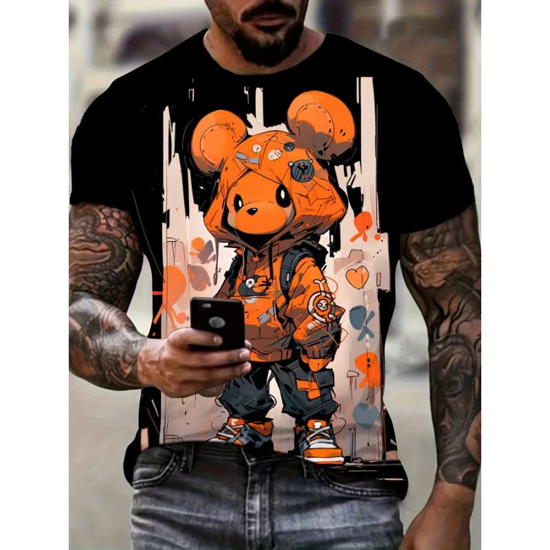 Men's casual fashion T-shirt 3D printing anime bear pattern printed T-shirt for summer daily outdoor street cool wear
