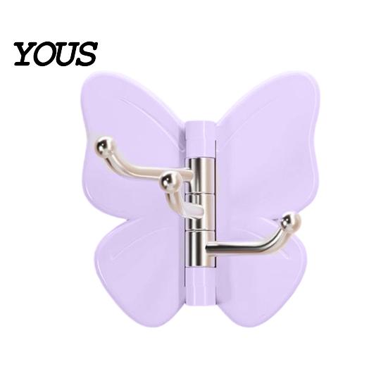 Hair Tie Holder Hook Rotating Butterfly Adhesive Wall Hooks, 3-Prong No-Drill Swivel Hangers, with Key Adjustable Angle Space-Saving Hook, for