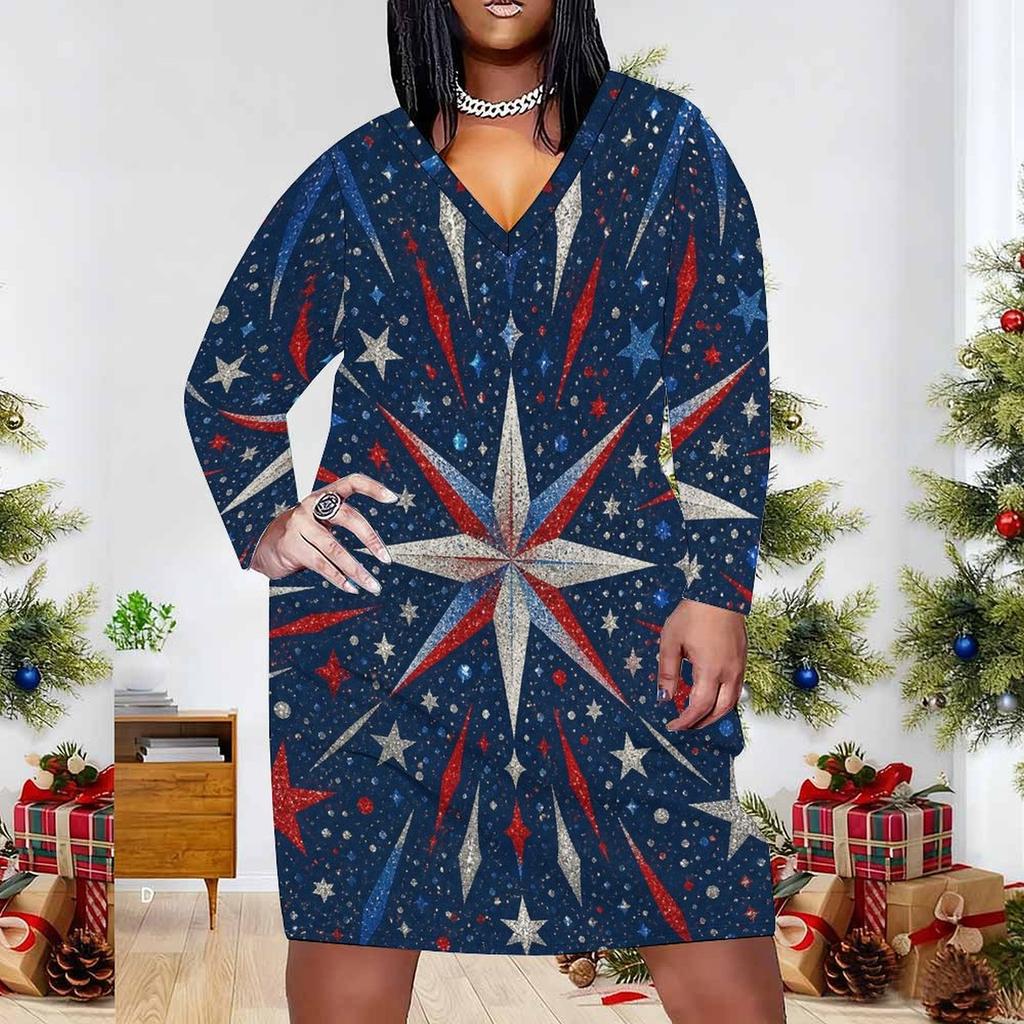 Women Plus Size V Neck Long Sleeve White Red Blue Printed Fitted Dress