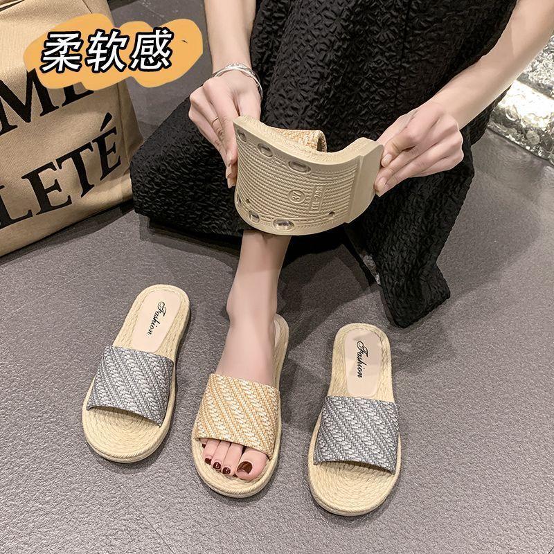 Flat Bottom Two Wear Cool Slippers Retro Roman Straw Thick Bottom One-word Drag 2025 Summer New Wear Casual Internet Celebrities