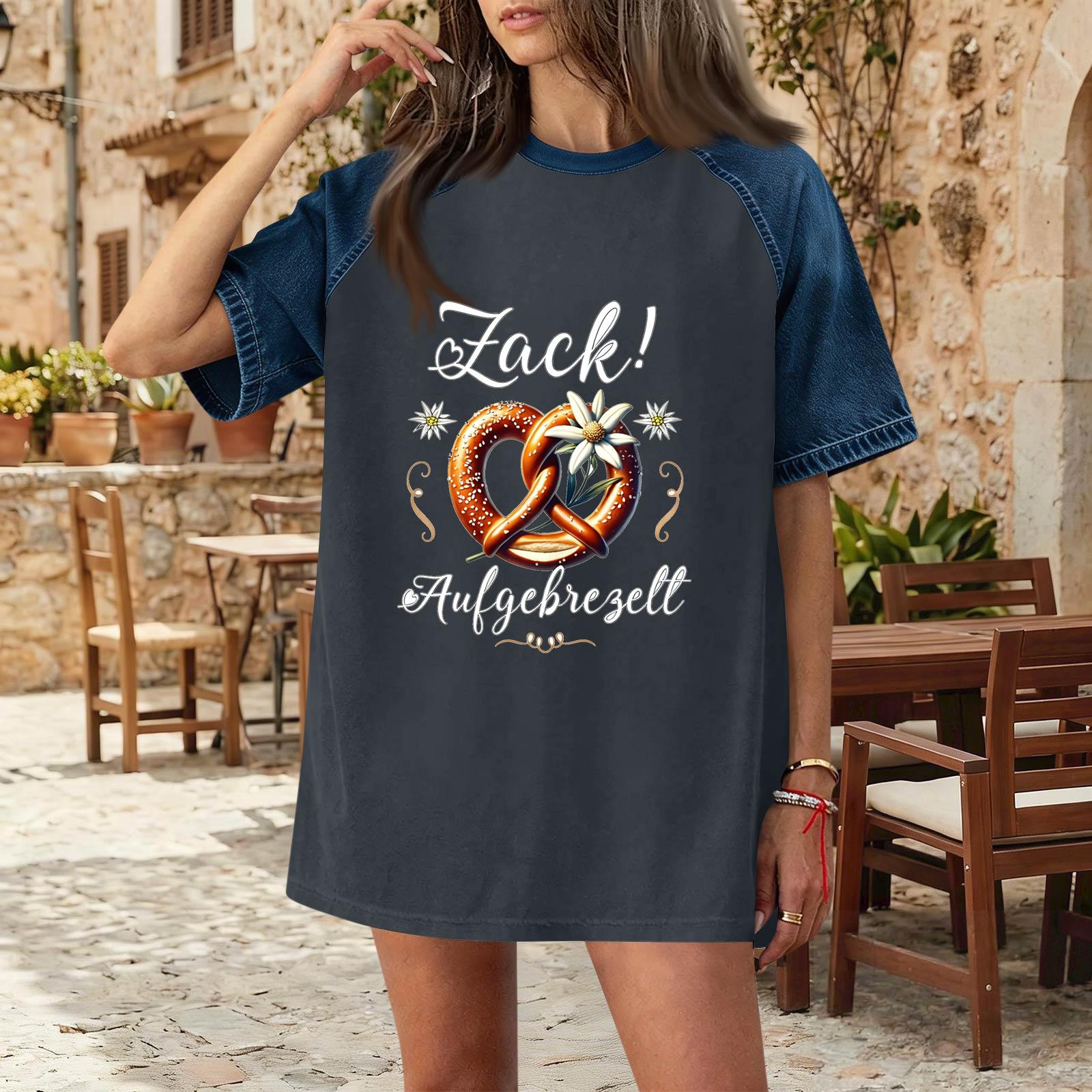 

Casual Women s Denim Patch Oktoberfest Print Top Comfortable Short Sleeve T-Shirt Loose Fit Fashionable Design XL