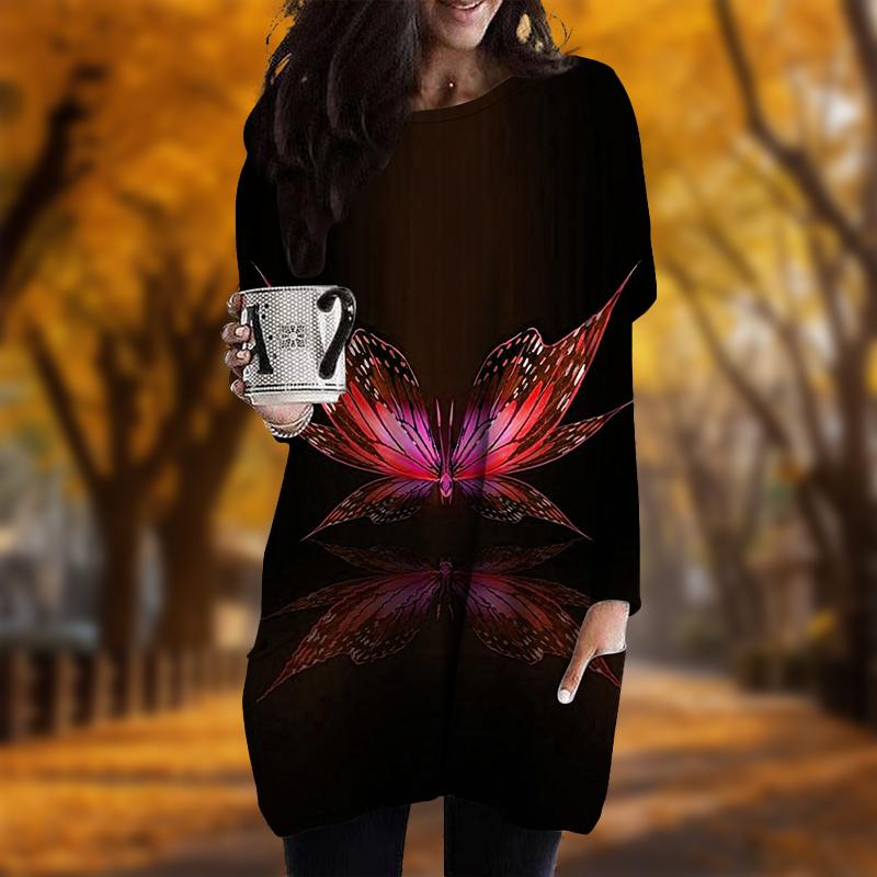 New In Autumn Giant Butterfly Print Plus Size Dress Women O'neck Long Sleeves Casual Pocket Dresses