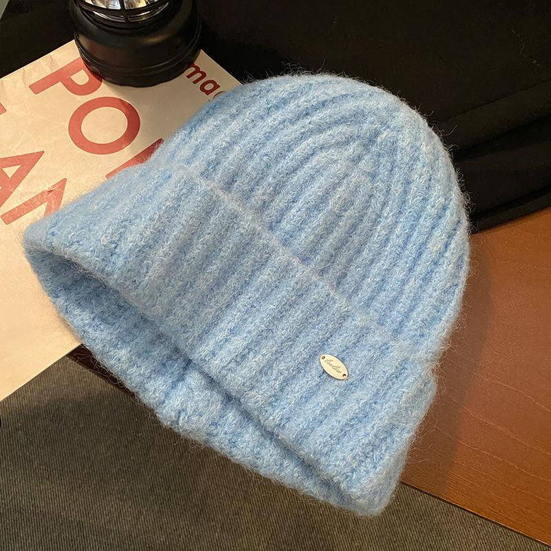 

Premium soft waxy skin-friendly wool hat women s warm knitting thickened big head circumference headhat M（56-58cm） небо синє кольору