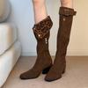 Retro Fold Two Wear Tall Pile Boots Belt Buckle Thick Heel Western Knight Boots Women's High Heel But Knee Boots