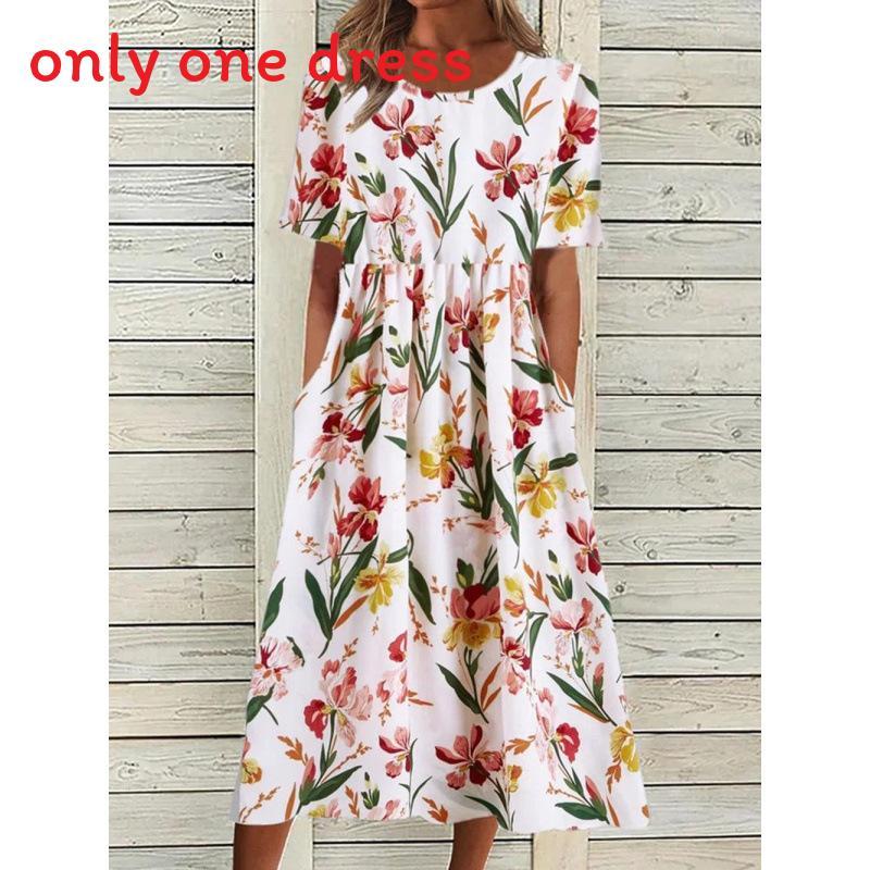 Summer Casual Women Dress With Floral Print And Large Skirt For Daily Wear