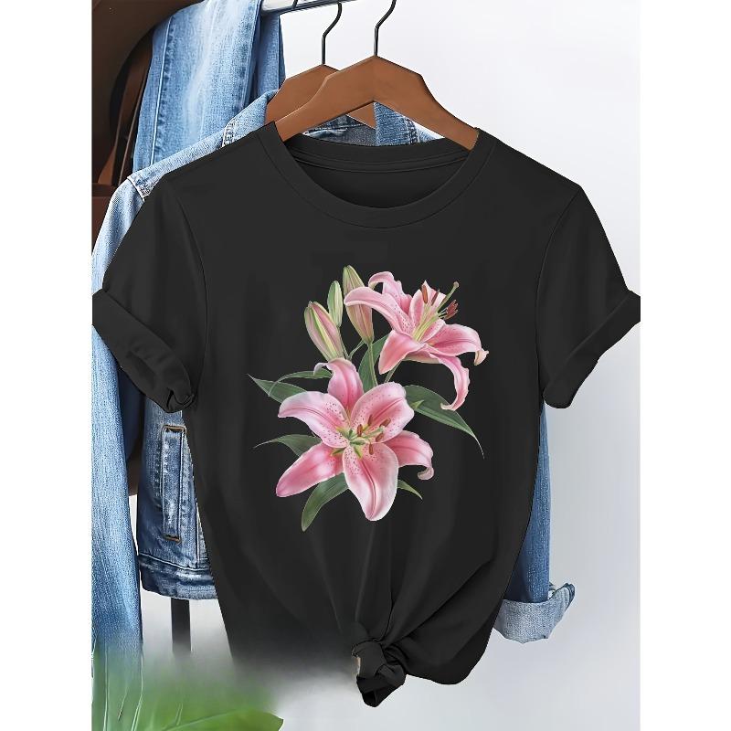 European sizes Women's T-Shirt with Elegant Floral Print - Black Casual Short Sleeve Top Featuring Pink Lilies & Green Leaves