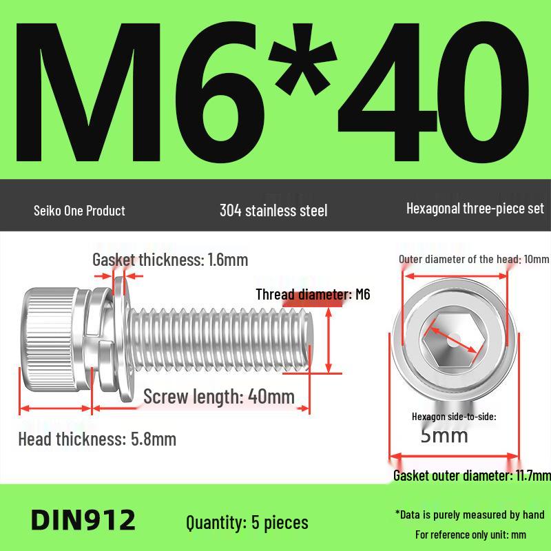 304 Stainless Steel Hex Socket Cap Screw with Washer - Sizes M3, M4, M5, M6, M8, M12