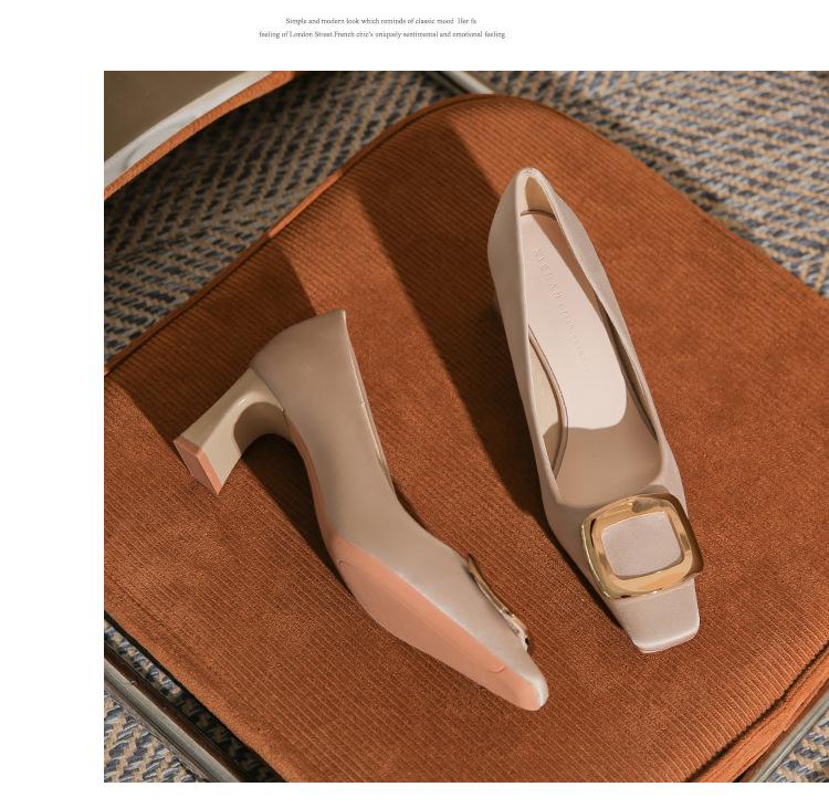 76055B Fashion Classic Square Head Thick Heel Women's Single Shoes High Sense Sexy Versatile Square Buckle Women's Single Shoes