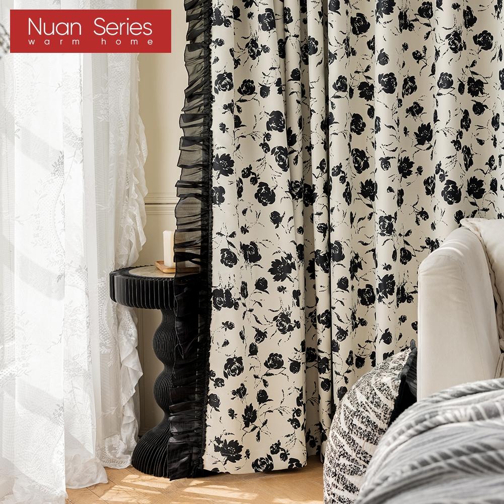 1 Stück, 70–80 % Verdunkelung, romantischer französischer Rosendruck, gerüschte, bequeme Vorhänge für Schlafzimmer, Wohnzimmer, Heimdekoration, Nuan-Serie