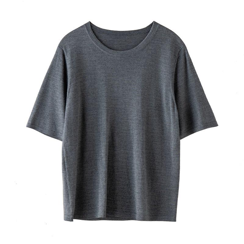 Yangzi 100% Wool Women's Slimming Short Sleeve Knit Shirt - Spring/Summer Round Neck Fashion.