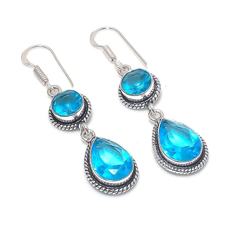 

Natural Swiss Blue Topaz Gemstone 925 Sterling Silver Earring 2.17 L3j41