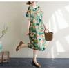 Women's Thin Cotton and Linen Loose Short Sleeved Dress with Retro Temperament Fairy Skirt