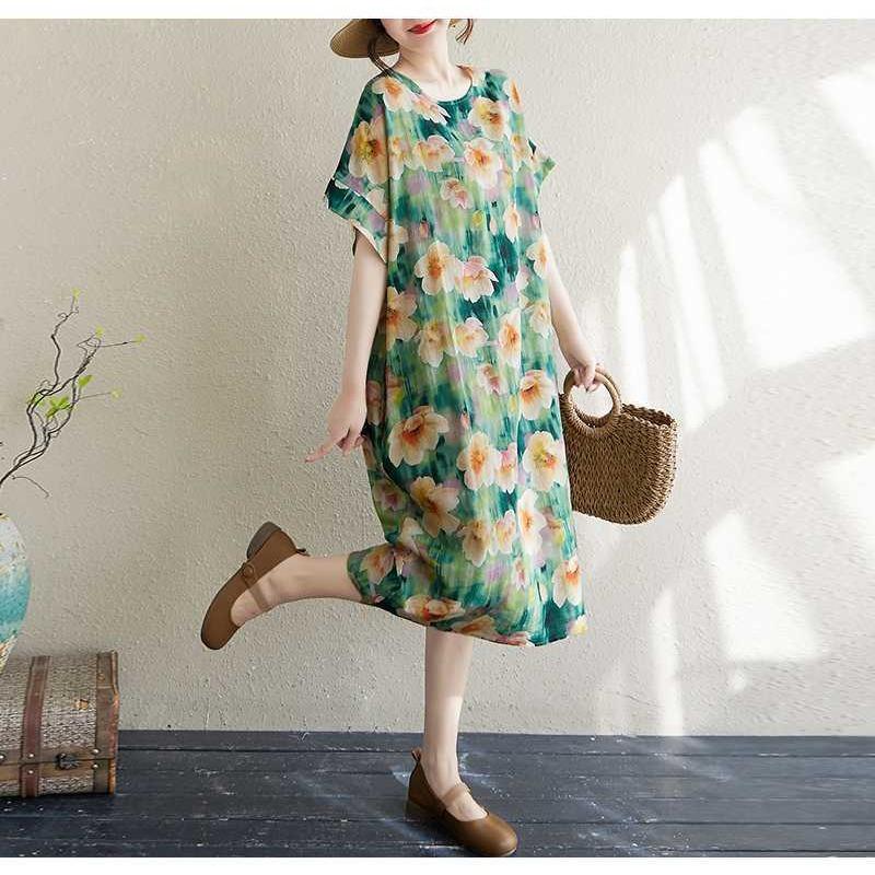 Women's Thin Cotton and Linen Loose Short Sleeved Dress with Retro Temperament Fairy Skirt