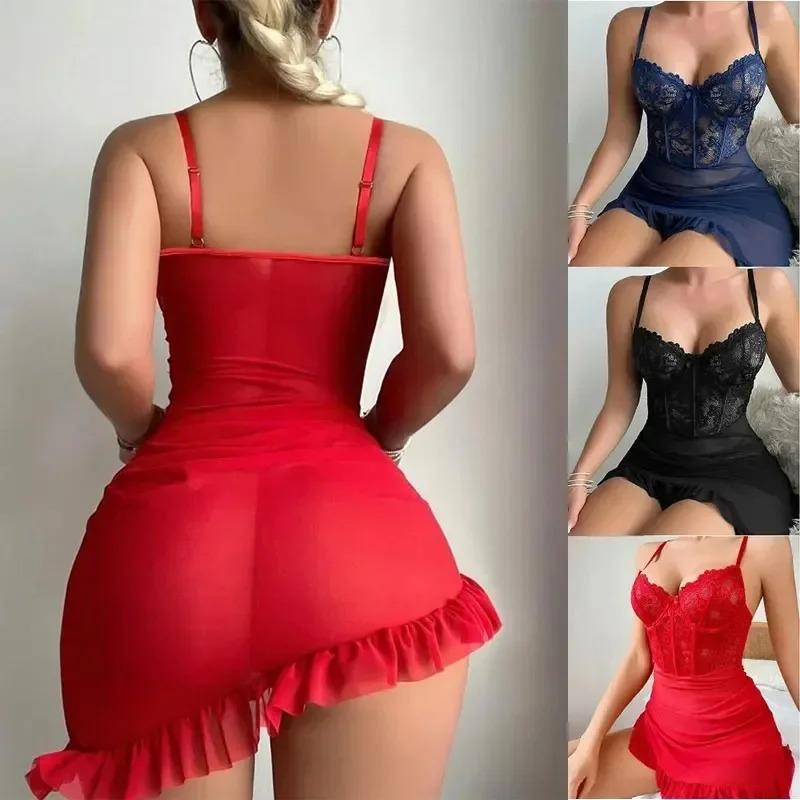 Exquisite Sexy Sleepwear, Transparent Steel Ring Bra Sex Suit Sexy Fairy Lingerie Women's See Through Lace Sleepwear Set