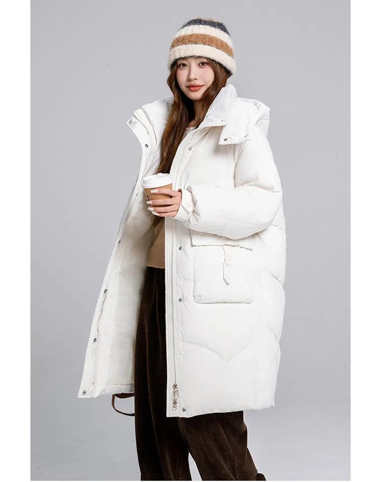 Women's Autumn and Winter Coat Solid Color Stand Collar Hooded Loose Thickened Windproof Mid-length Women's Jacket