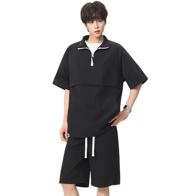 Izzueit Men's Half-Zip Quick-Dry Ice Silk T-Shirt & Shorts Set