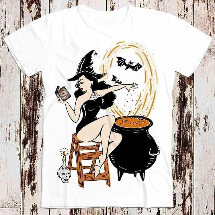 Vintage Halloween Pin Up Witch Graphic Tee Retro Style Cool Gift T-Shirt S разноцветный