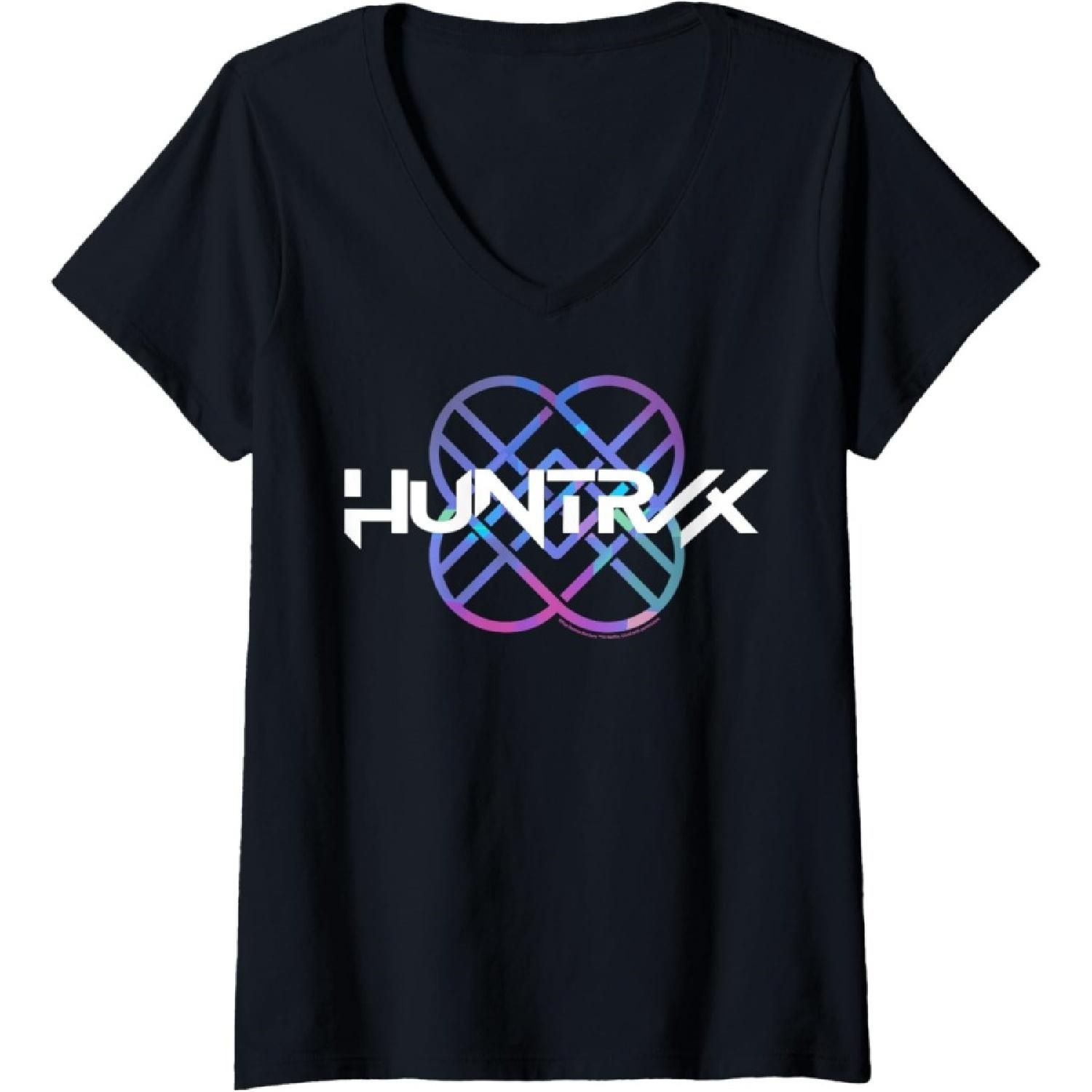 Женская K-pop футболка Demon Hunters Huntr_x с градиентным цветом, логотипом на полосе, V-образным вырезом S чёрный
