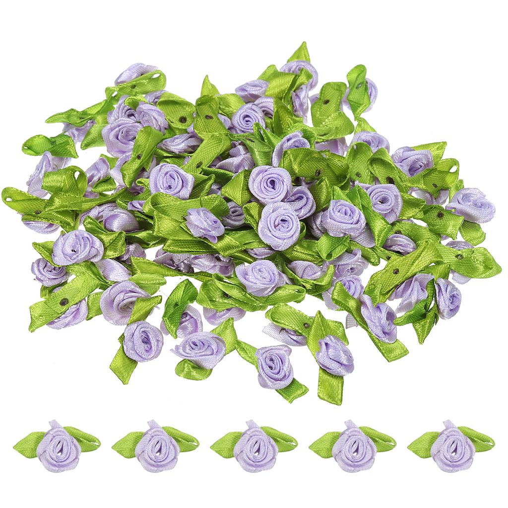100/200 szt. Mini Różeczki z Wstążki Malutkie Kwiatki z Satynowej Tkaniny z Zielonymi Listkami Ozdoby Rozetki Aplikacja do DIY Szycia Ślubnego