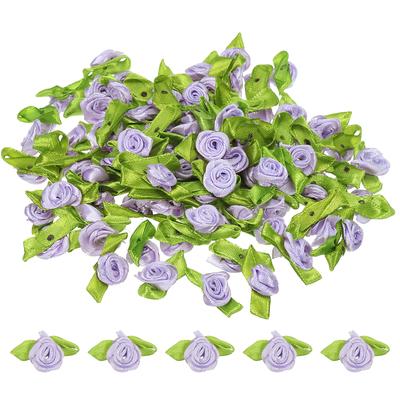 100/200 adet Mini Kurdele Gülleri Minik Saten Kumaş Çiçekler Yeşil Yapraklarla Süslemeler Rozetler Aplik DIY Dikiş Düğün için