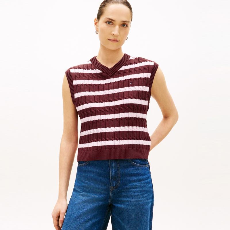 Tommy Hilfiger Casual Commuting Chunky Cable Knit Vest With V-Neck And Stripes Women tops WW484660000E8